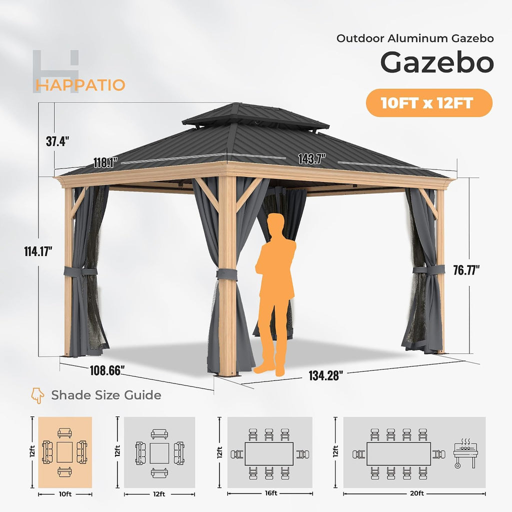 HAPPATIO 10' x 12' Hardtop Gazebo Outdoor, Wood Grain Aluminum Frame with Double Galvanized Steel Roof，Patio Gazebo Canopy with Netting and Curtains for Patio, Lawns, Deck, Backyard (Grey)