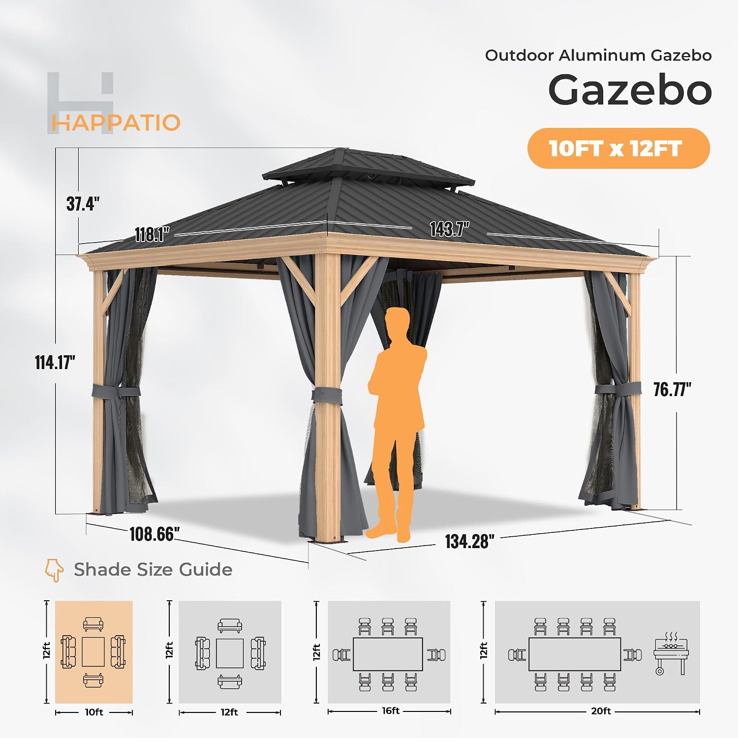 HAPPATIO 10' x 12' Hardtop Gazebo Outdoor, Wood Grain Aluminum Frame with Double Galvanized Steel Roof，Patio Gazebo Canopy with Netting and Curtains for Patio, Lawns, Deck, Backyard (Grey)