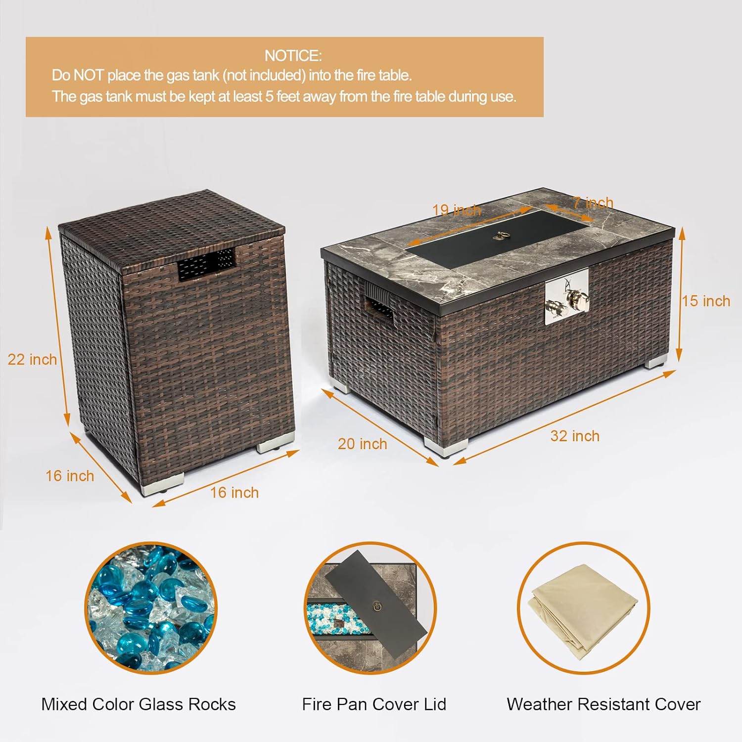 32in Gas Fire Pit Table Set, 50,000 BTU Propane Fire Pit Table Outdoor with Rain Cover, Hideaway Tank Holder Fits 20lb Tank, Gas Fire Pit for Outside w/Ceramic Tabletop and lid, Glass Rocks