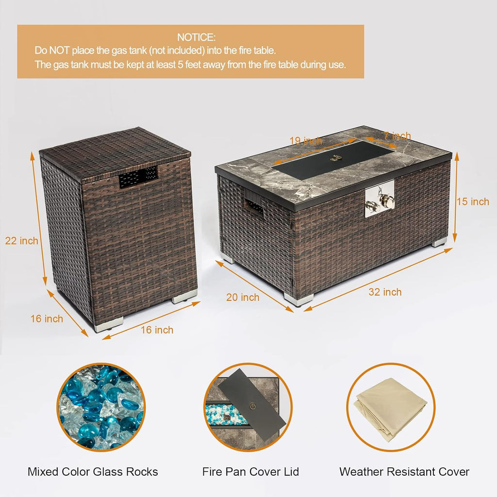 32in Gas Fire Pit Table Set, 50,000 BTU Propane Fire Pit Table Outdoor with Rain Cover, Hideaway Tank Holder Fits 20lb Tank, Gas Fire Pit for Outside w/Ceramic Tabletop and lid, Glass Rocks