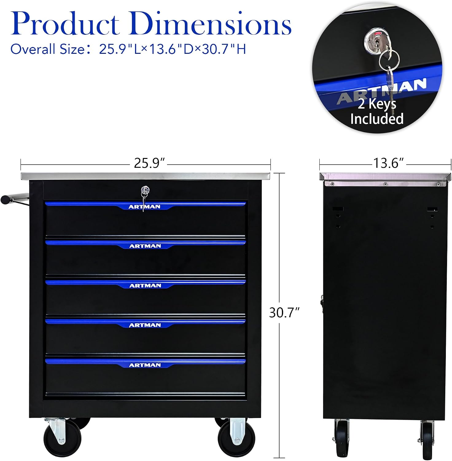 5-Drawer Tool Chest with Wheels, Combinable Rolling Tool Cart, Rolling Tool Box，Storage Organizer Cabinet for Garage,Warehouse, Repair Shop, Workshop