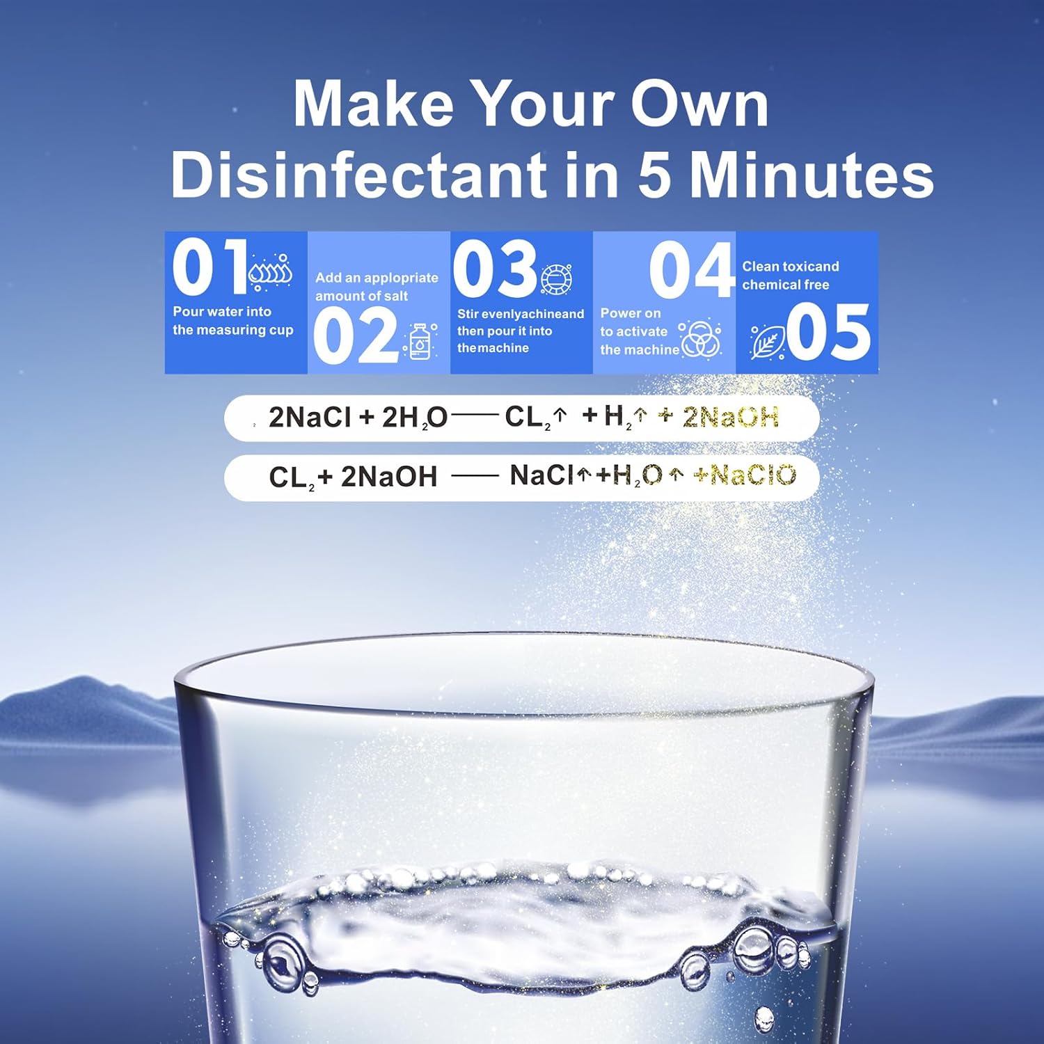 Portable Hypochlorous Acid (HOCL) Generator Machine, 2L Sodium Hypochlorous Solution Generator, Self-Made Electrolyzed Water System for Home Kitchen Hospital School Restaurant Bathroom Cleaning