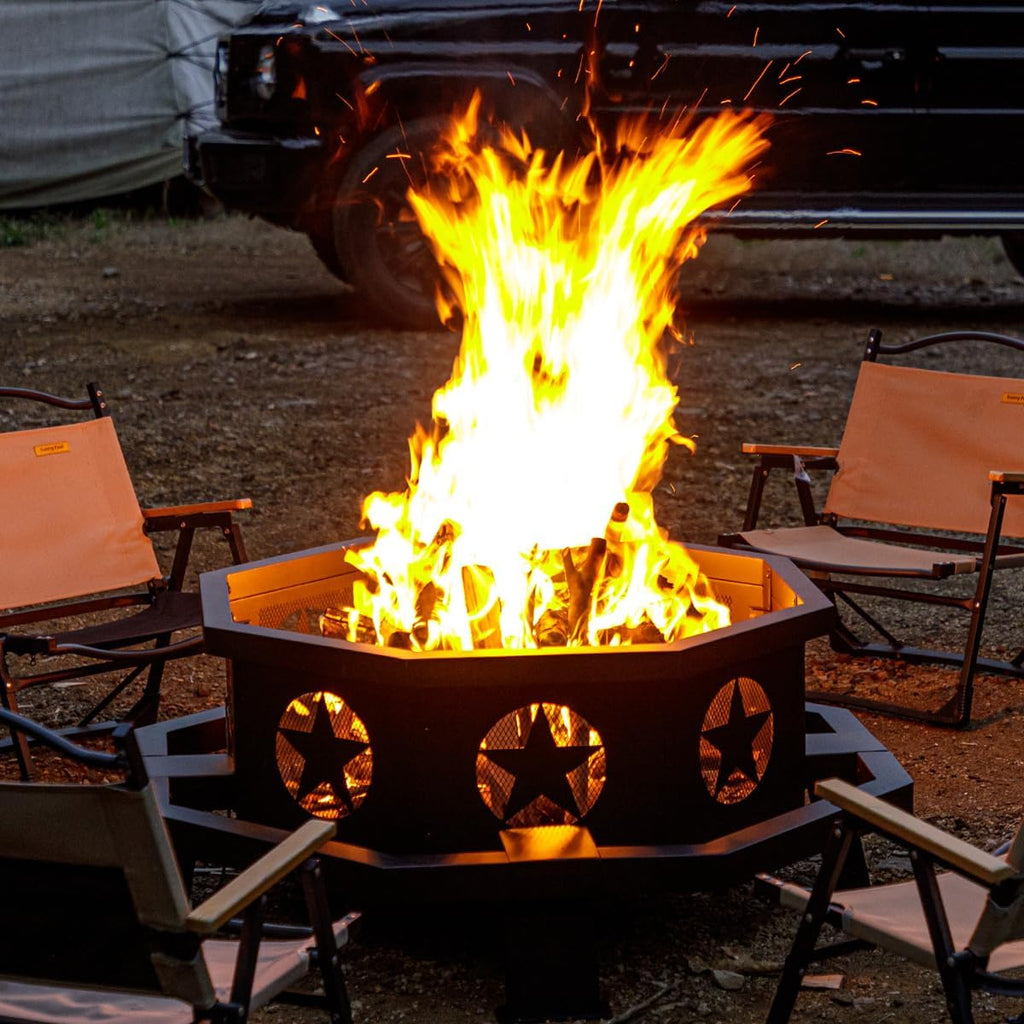 Panovue 42 inch Fire Pit for Outside, Heavy Duty Wood Burning Fire Pits with Fire Poker, Outdoor Octagonal Firepit for Camping, Yard, Patio
