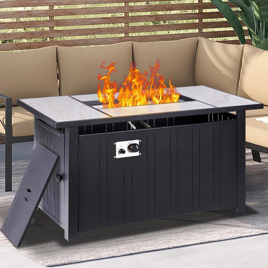 OutVue 47' Propane Fire Pit Table with Real Ceramic Tabletop, 50000 BTU Gas Firepit Table with Lid & Lava Stones, Outdoor Fire Pit for Dining or Party, Firepit for Outside, Patio