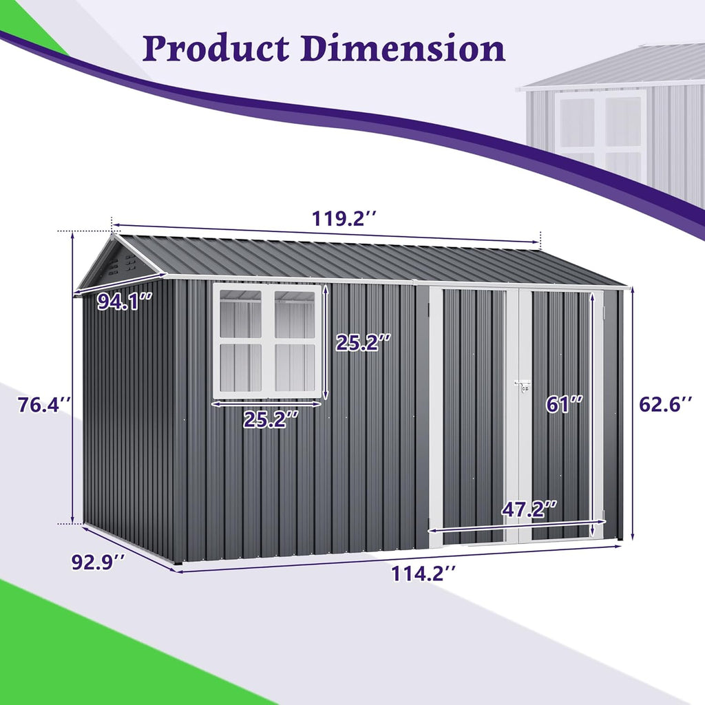 8x10 FT Shed Outdoor Storage Metal Large Garden Tool Sheds with Lockable Doors Floor Frame Window Gable Roof Waterproof Steel Utility Equipment Sheds for Backyard Patio Lawn Poolside, Grey