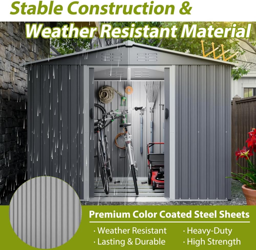 Large Outdoor Storage Shed 10x12 FT, Heavy-Duty Metal Garden Tool Organizer with Lockable Doors and Weather-Resistant Roof for Backyard (8x6 ft Grey with Floor Frame)