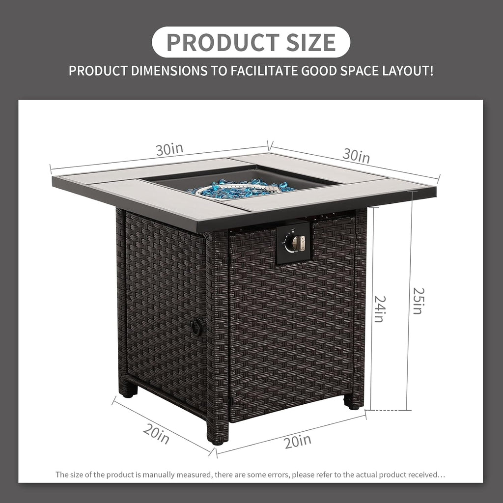 50000 BTU Brown Wicker Gas Fire Pit Outdoor Fire Pit Table 30 Inch Fire Pits for Outside with Woodgrain Marble Tabletop Fire Pit Cover and Blue Crystal Beads
