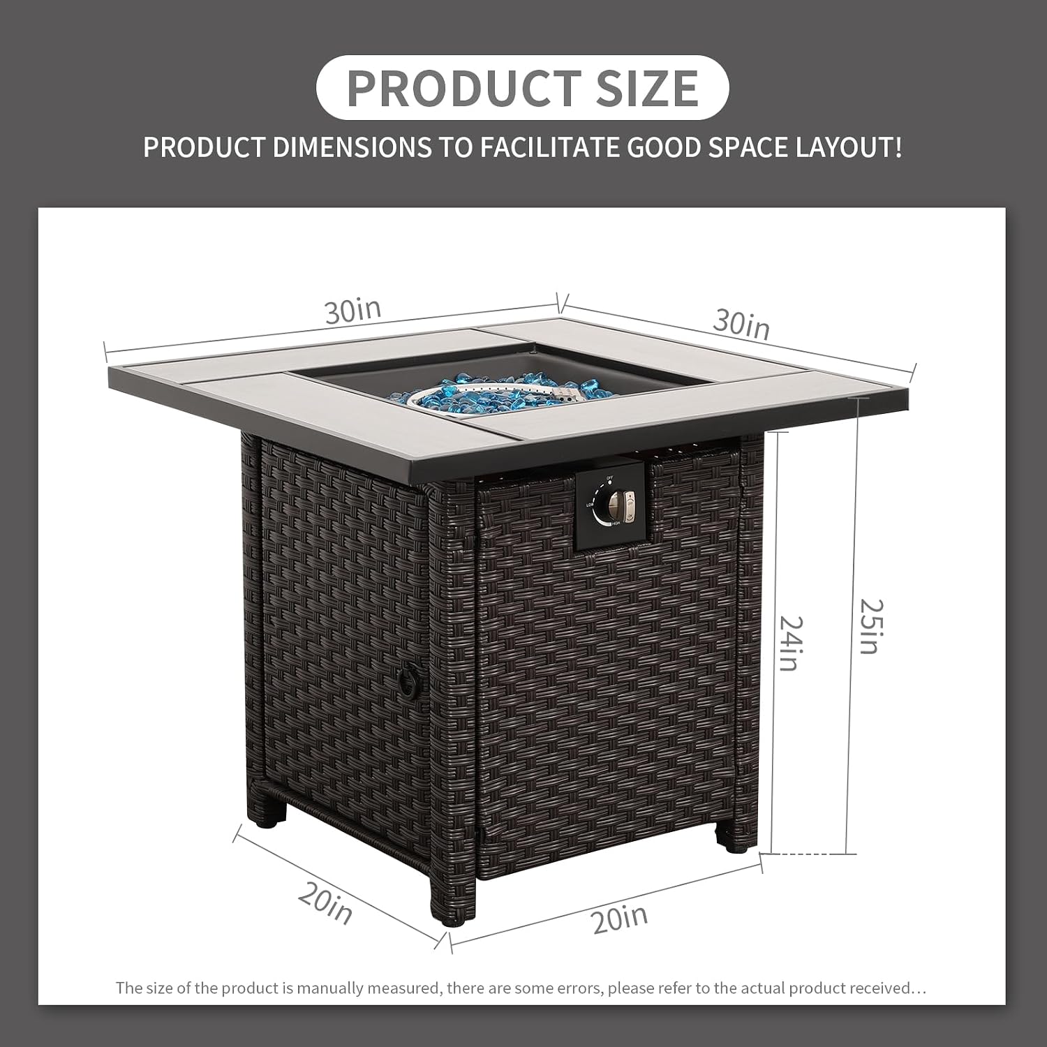 50000 BTU Brown Wicker Gas Fire Pit Outdoor Fire Pit Table 30 Inch Fire Pits for Outside with Woodgrain Marble Tabletop Fire Pit Cover and Blue Crystal Beads