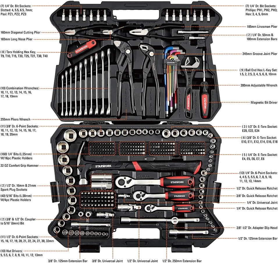 STARWORK TRUE MECHANIC™ 324-Piece Mechanics Tool Set and Socket Set with 22oz Dragon One-Piece Rip Hammer w/Grip, Professional