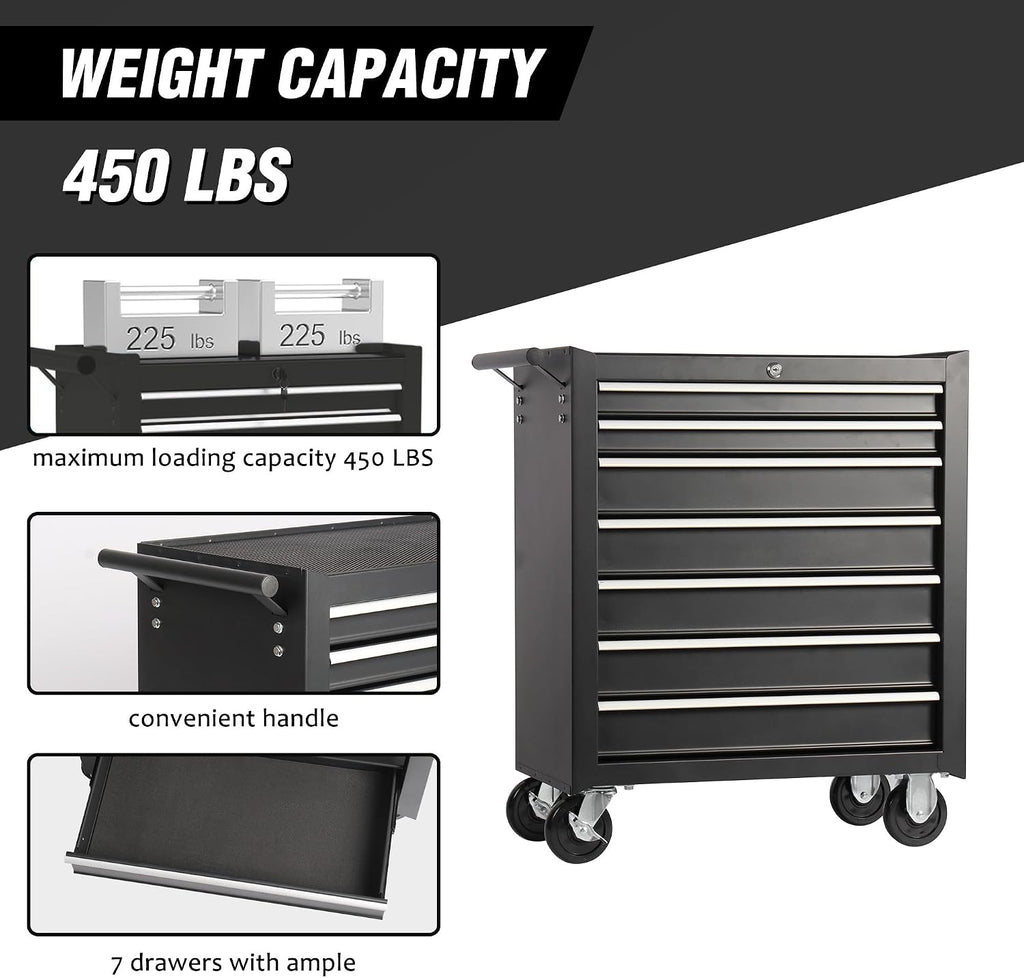 Rolling Tool Chest Cart with 7 Drawers,Storage Tool Cabinet on 4 Wheels. Lockable Tool Cart with Drawer Liners.Steel Tool Box Organizer for Garage,Repair Workshop-Black Plus