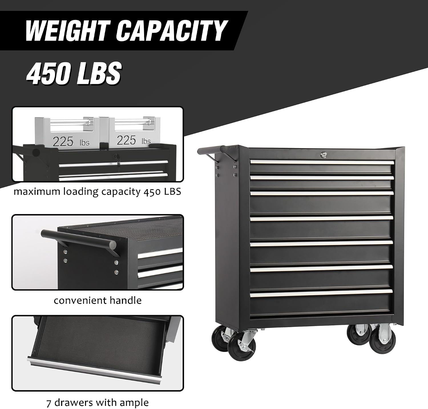 Rolling Tool Chest Cart with 7 Drawers,Storage Tool Cabinet on 4 Wheels. Lockable Tool Cart with Drawer Liners.Steel Tool Box Organizer for Garage,Repair Workshop-Black Plus