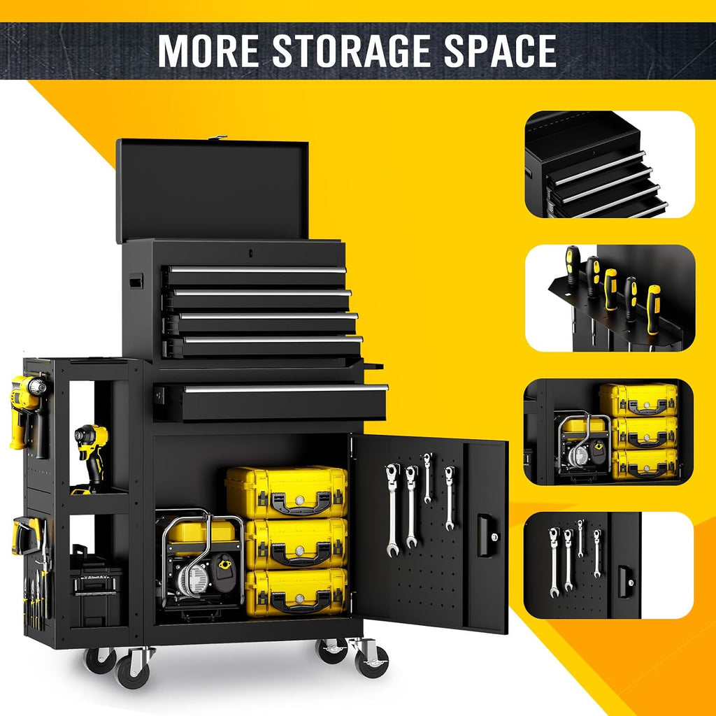 SILVEL 5-Drawers Rolling Tool Chest, Assembled Tool Box with Auto Locking System & Lockable Wheels & Sliding Drawers & Detachable Top, Tool Storage Cabinet for Garage Workshop, Black