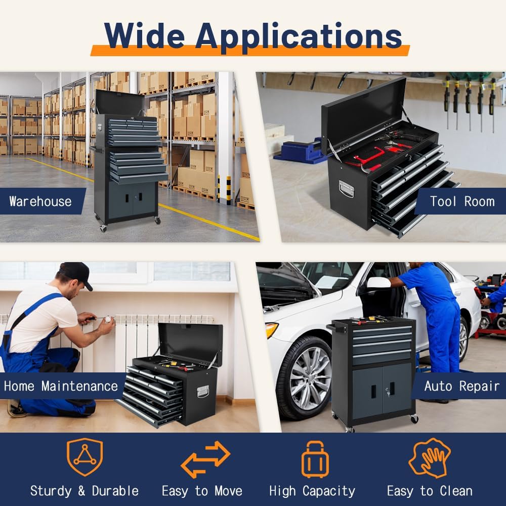 13-Drawer Double Door Rolling Tool Chest, 2 in 1 Detachable Tool Chest,Tool Box with Drawers and Wheels, Large Tool Cabinet with Lock, Metal Standing Toolbox for Garage Workshop-Black&Gray