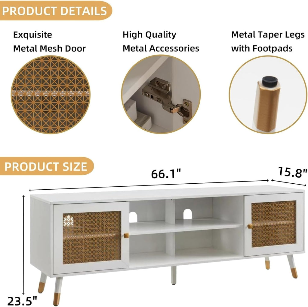 JYED DECOR White TV Stand for Living Room,66' Modern Entertainment Center with Storage Cabinets, Fluted Boho TV & Media Console (White and Gold,)