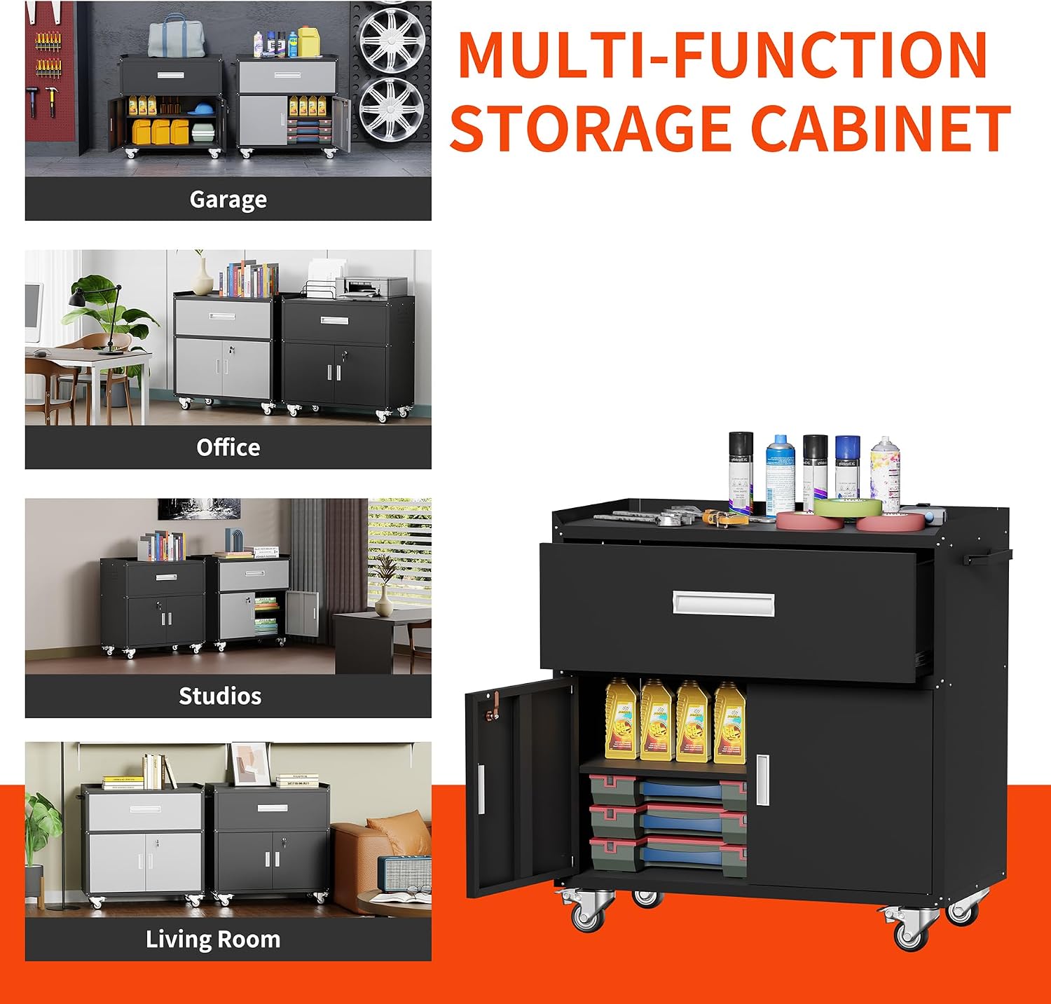 Washsemba Metal Garage Storage Cabinet with Wheels ，Rolling Toolbox with Lockable Drawer, Utility Cabinet for Home, Office, Garage and Workshop (Black)