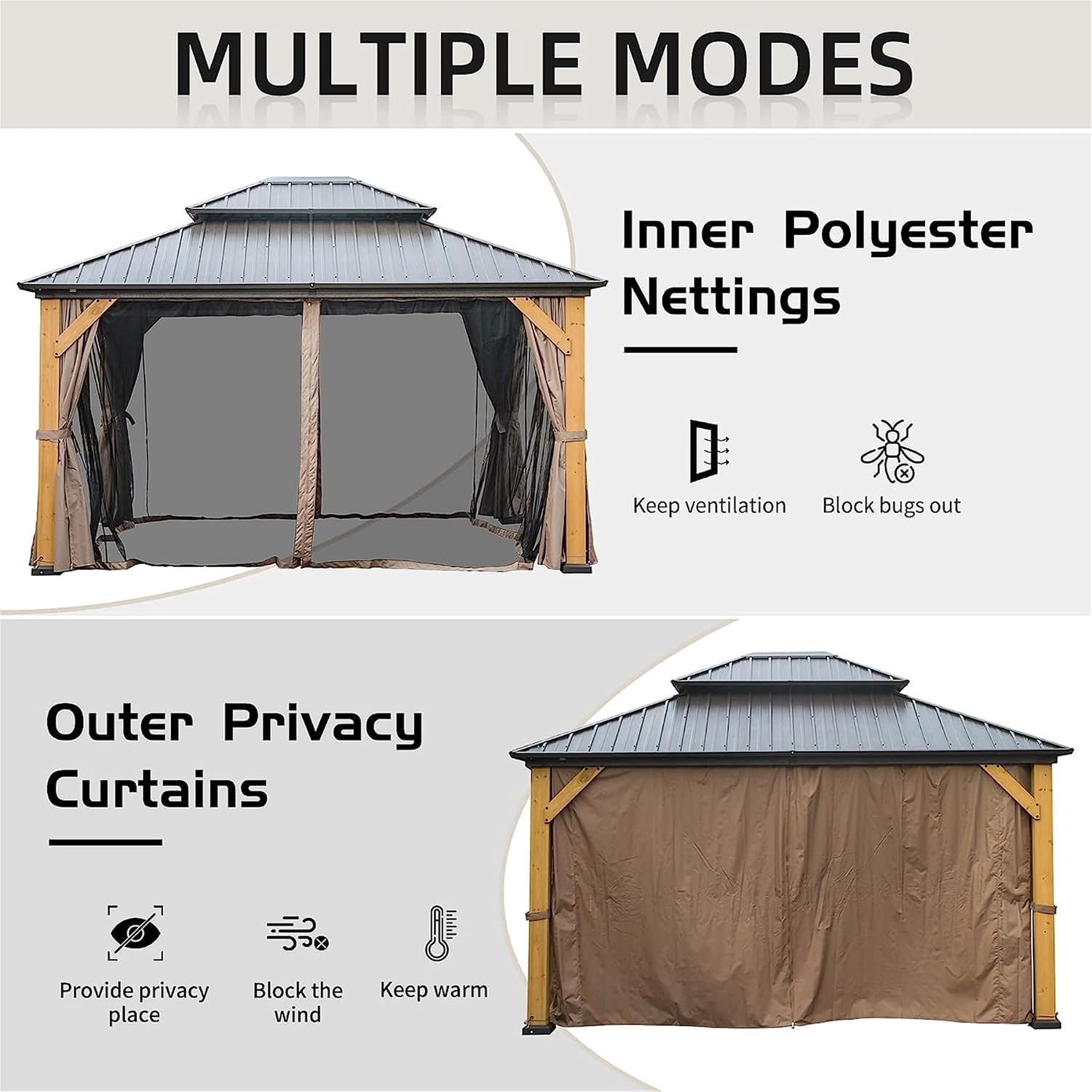 12'x14' Hardtop Gazebo with Cedar Wood Frame, Outdoor Wood Gazebo with Galvanized Steel Double Roof, Permanent Metal Roof Gazebo with Curtains and Netting for Patio, Backyard and Lawn(Brown)