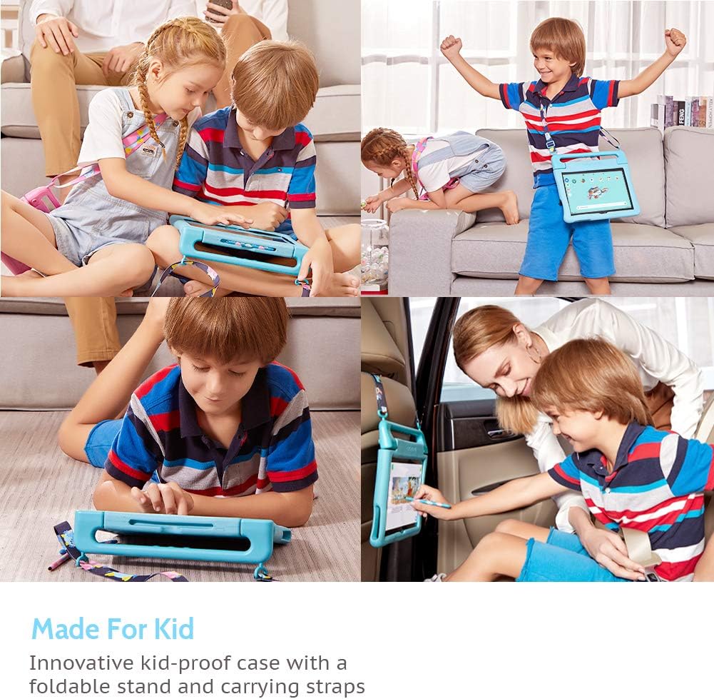 Dragon Touch Kids Tablet 10 inch IPS HD Display Android Tablets with 32GB Storage, 2GB RAM, Quad Core Processor, KIDOZ Pre-Installed, Kid-Proof Case, Shoulder Strap and Stylus, WiFi Only – Blue