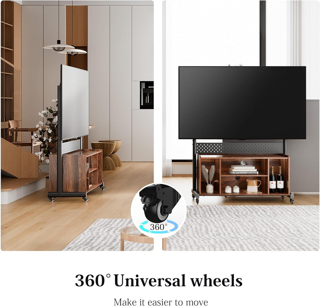 FITUEYES Rolling 3-in-1 Entertainment Center for 50-85 inch TVs, Heavy Duty TV Console on Wheels Lockable Hold Up to 176 lbs, Height Adjustable TV Stand Cabinet & Pegboard for Living Room, Bedroom