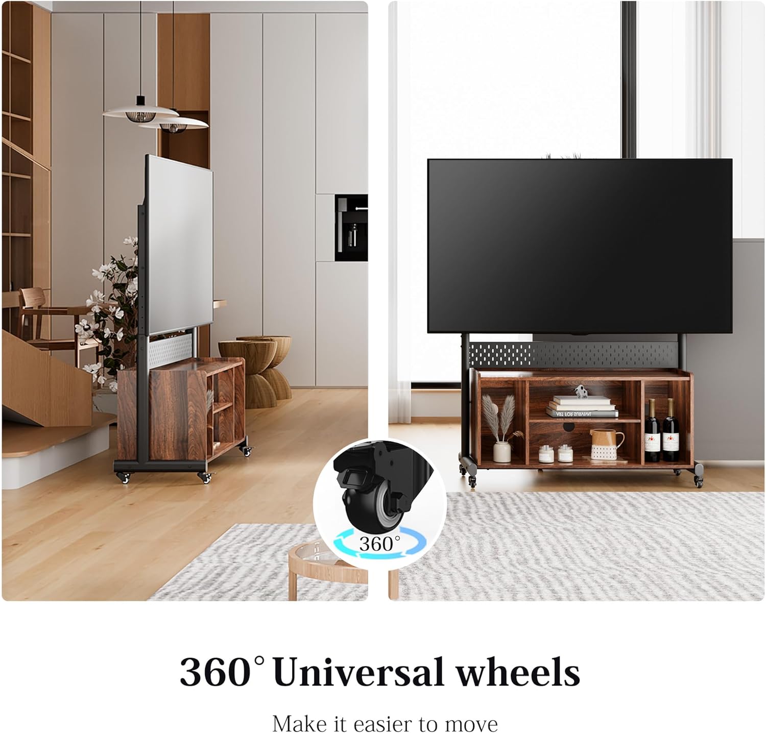 FITUEYES Rolling 3-in-1 Entertainment Center for 50-85 inch TVs, Heavy Duty TV Console on Wheels Lockable Hold Up to 176 lbs, Height Adjustable TV Stand Cabinet & Pegboard for Living Room, Bedroom