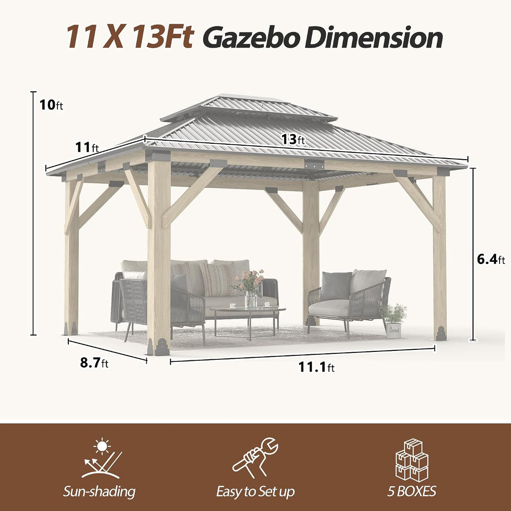 11x13 FT Wood Gazebo,Outdoor Wooden Hardtop Gazebo with Galvanized Steel Doule Roof,Cedar Wood Frame Gazebos Patio Backyard Deck