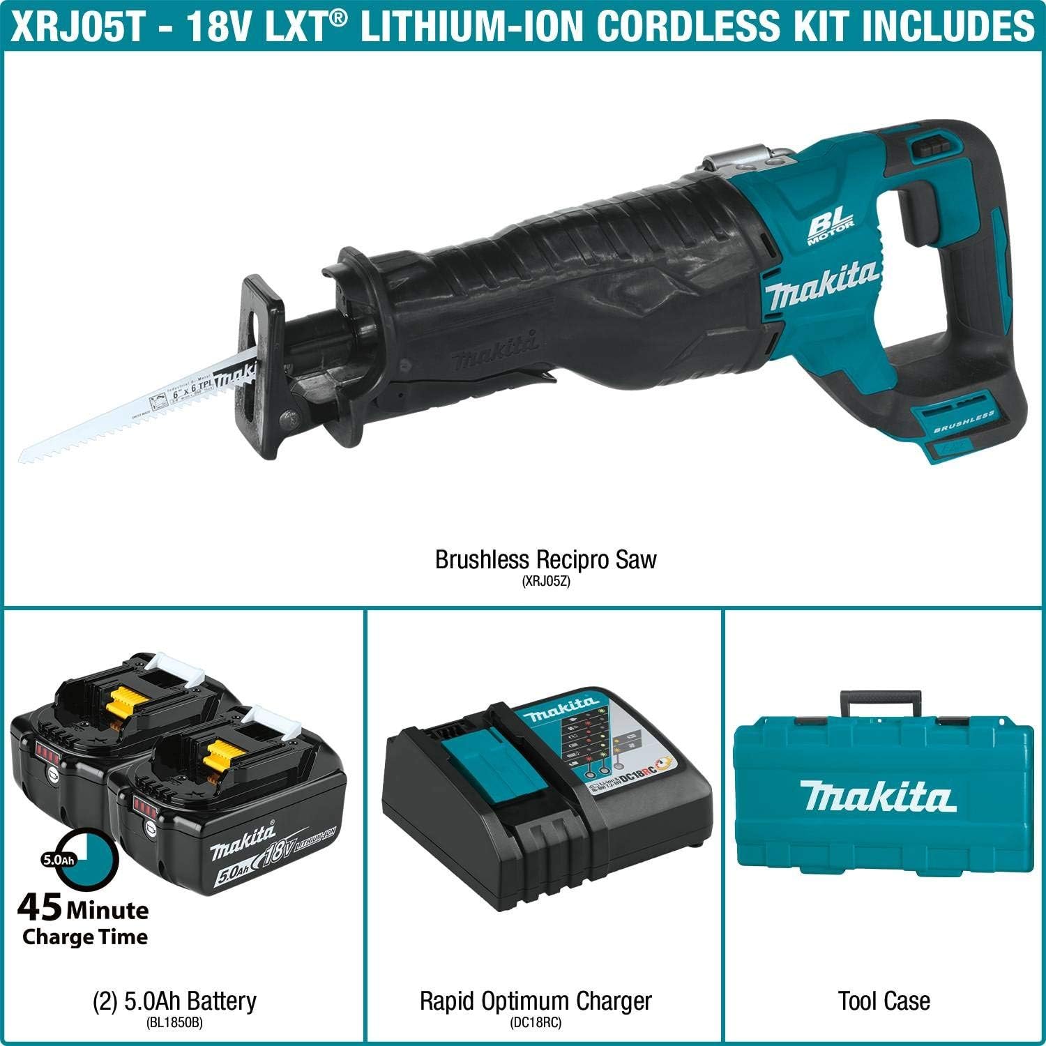 Makita XRJ05T 18V LXT Lithium-Ion Brushless Cordless Recipro Saw Kit (5.0Ah)