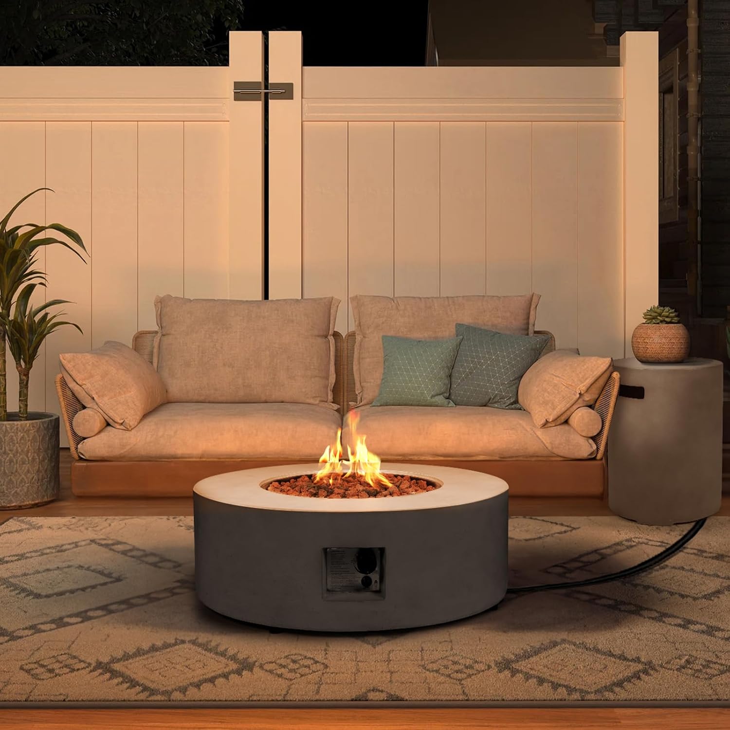 2-Piece Outdoor Propane Fire Pit Table Set w/Tank Cover Table, 36-inch 50,000 BTU Concrete Firepit SUS201 Round Burner with Steel Lid, Lava Rocks, Rain Cover
