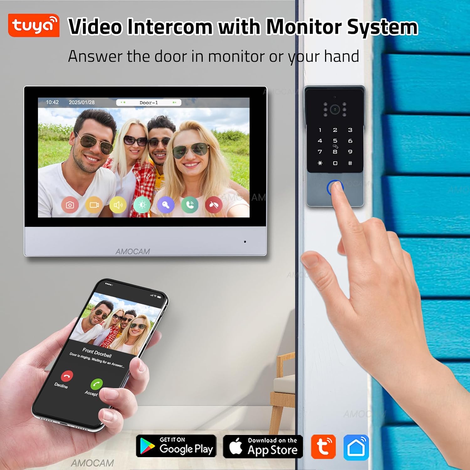 2-Wires Video Intercom System, 7 Inch 1080P WiFi Touch ScreenVideo Doorbell Doorphone System, 32G Card, Snapshot, Monitoring, Code Password Tuya App IC Card Unlock for Home Apartment
