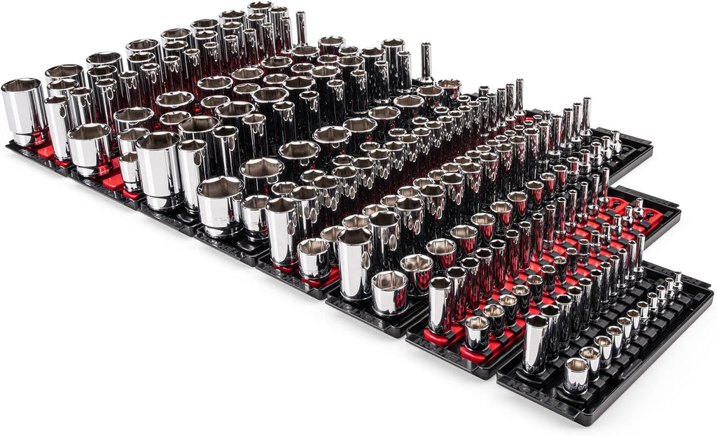 TEKTON 1/4, 3/8, 1/2 Inch Drive 6-Point Socket Set with Rails and Trays (214-Piece) | SHD99202