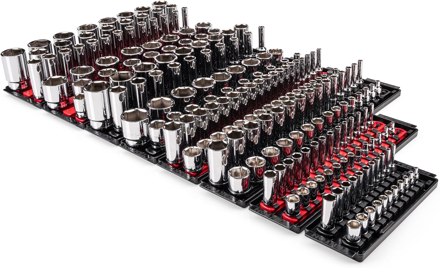 TEKTON 1/4, 3/8, 1/2 Inch Drive 6-Point Socket Set with Rails and Trays (214-Piece) | SHD99202