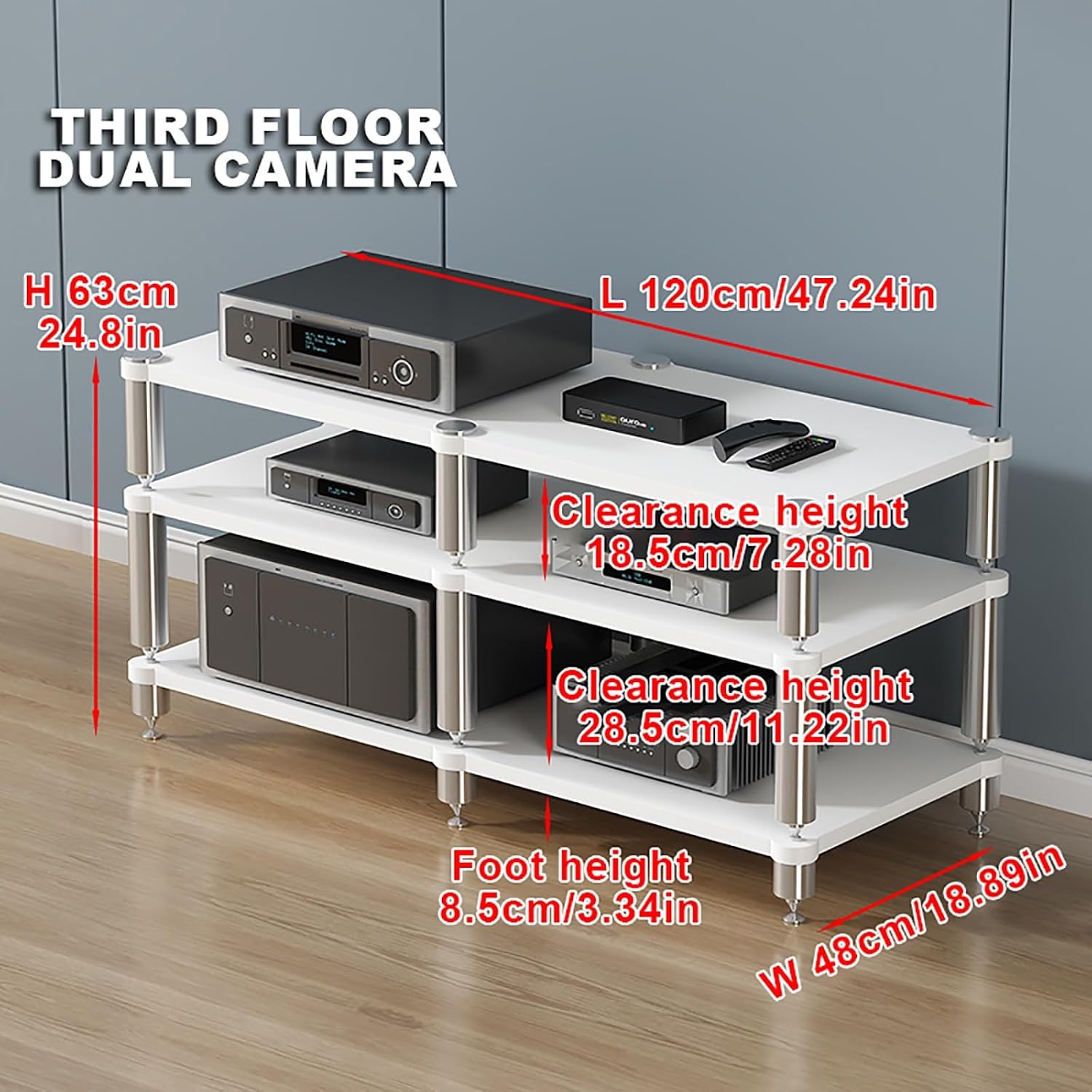 Portable Gaming Shelf & Media Stand - White AV Rack Tower for Projector, DVD, Game Console, & Cable Box - Stylish Entertainment Storage (120x48x63 cm)