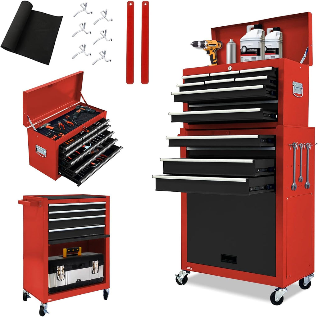 13-Drawer Tool Chest with Wheels, 2 in 1 Detachable Rolling Toolbox with Drawers, Large Tool Box with Lock, Mobile Steel Tool Cabinet Storage for Warehouse, Garage (Red&Black)