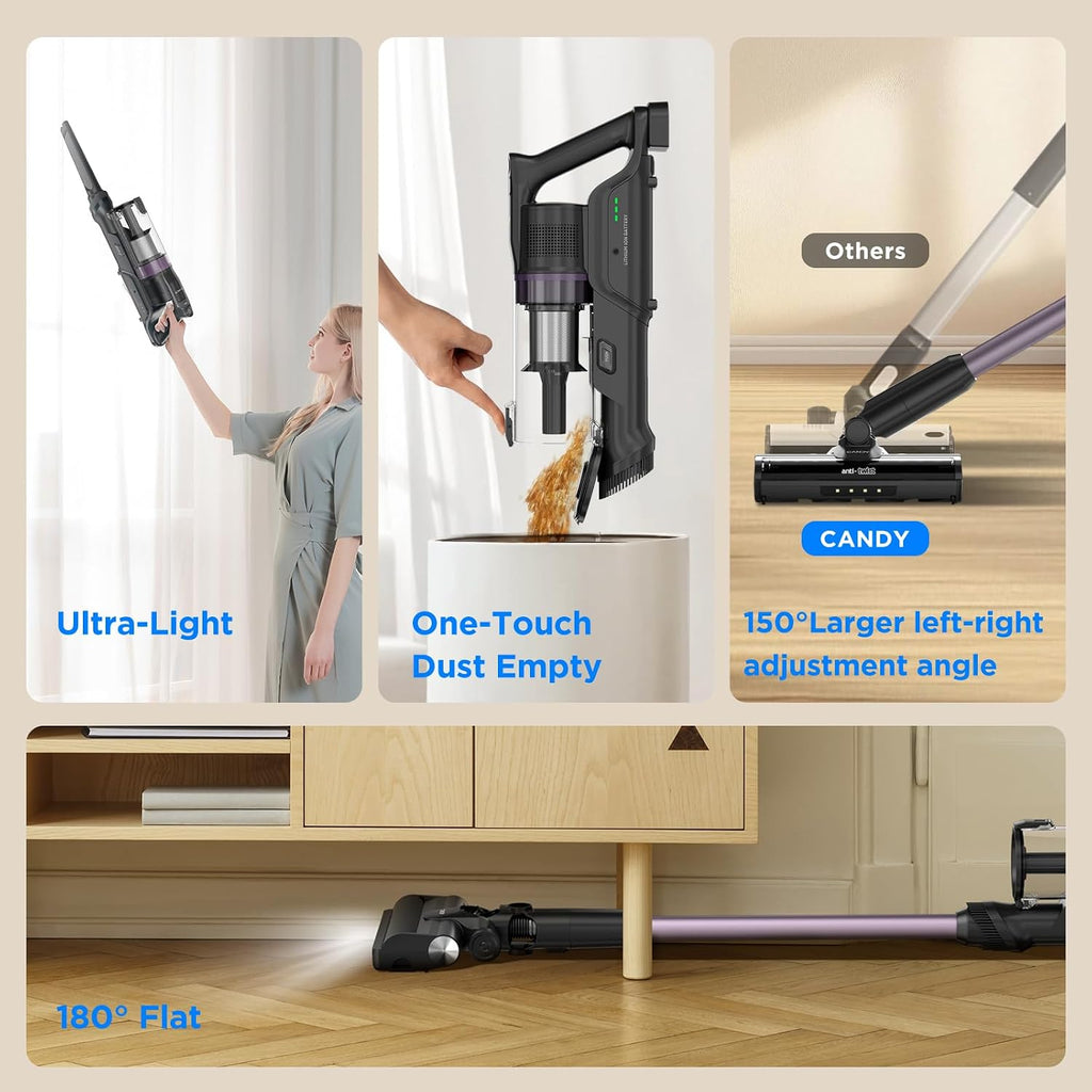 Candy Cordless Vacuum Cleaner,45Mins Vacuum Cleaners for Home,Stick Strong Suction Vacuum,Self-Standing,Removeable Battery,Anti-tangle,One Click Clean,Handheld for Pet Hair,Hardwood Floors,Carpets,Car