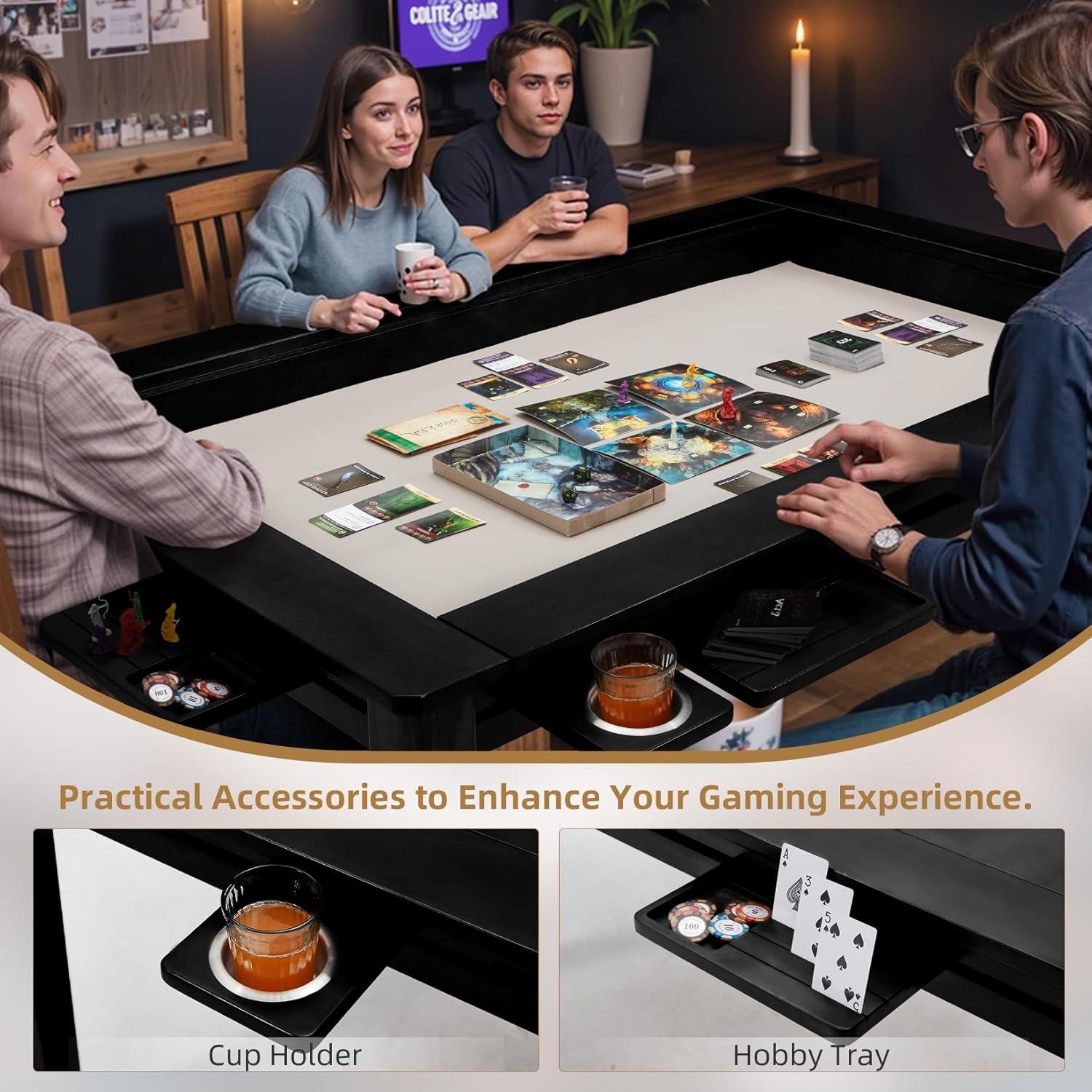 Coperat Solid Wood Board Game Table for 4-6 Players,Dining/Gaming Table w/ 54'x31' Big Gaming Space and Removable Top,Includes Game Mat, 6 Cup Holders & Hobby Tray,Black