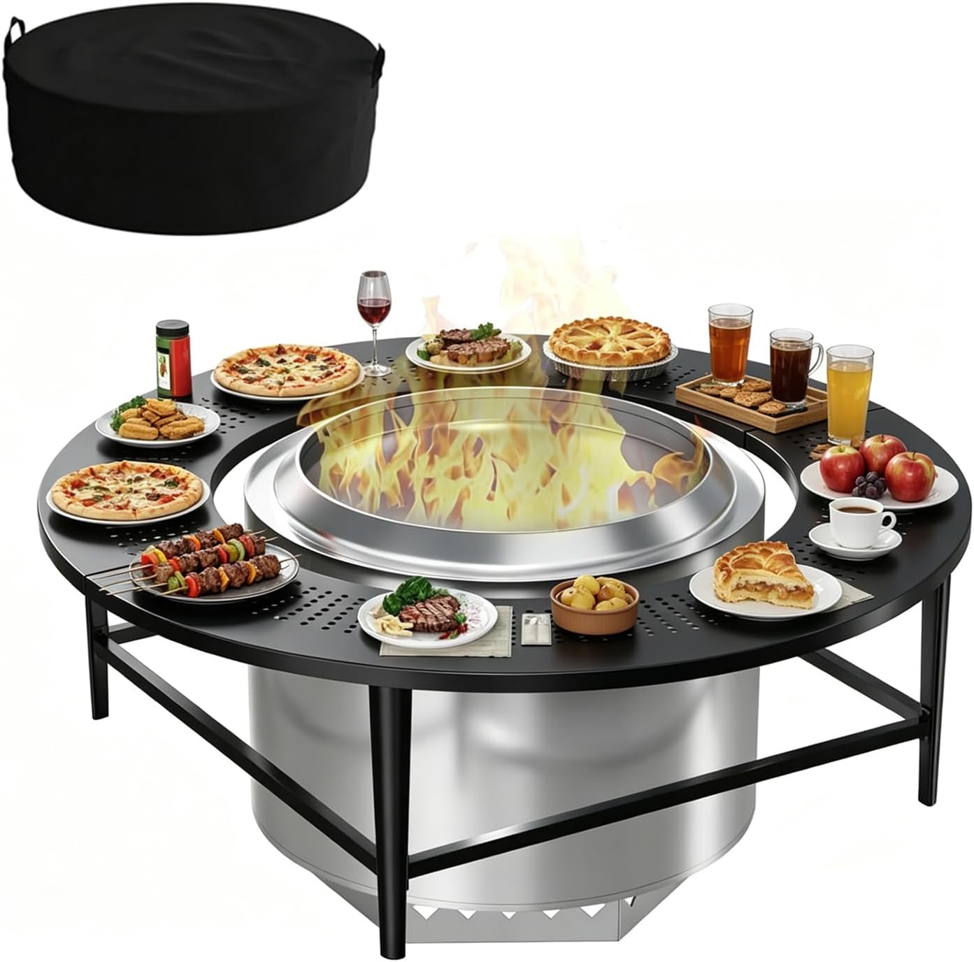 LS'BABQ 45' Fire Pit Surround Tabletop with Waterproof Cover for Solo Stove Yukon & Bonfire, Round Outdoor Fire Pit Table for Most Wood-Burning Stoves Under 28.5' Dia for Camping, Powder-Coated Steel
