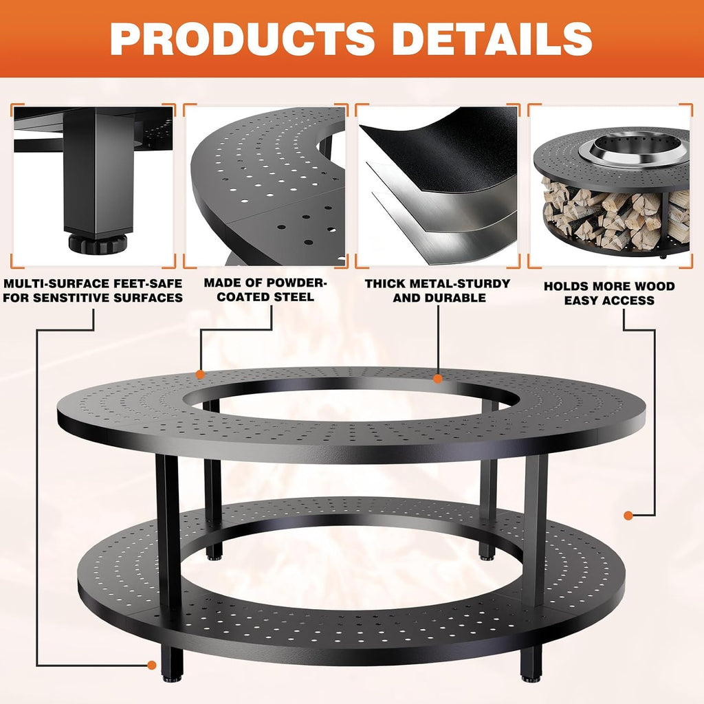 Fire Pit Surround Tabletop for Solo Stove Bonfire 1.0&2.0 and Ranger 1.0&2.0, 41' Fire Pit Surround Tabletop with Wood Storage Shelf, Powder-Coated Steel Surround Tabletop with Extra Space