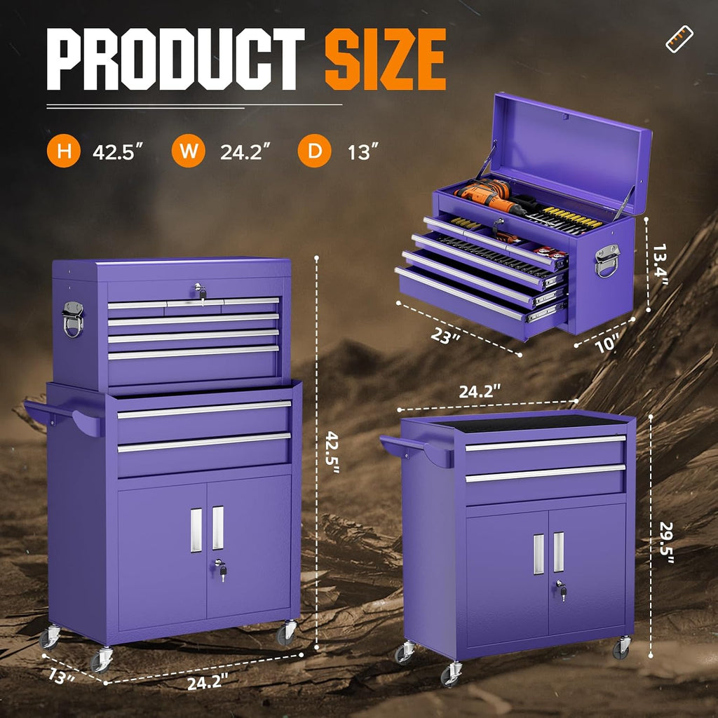 8-Drawer Rolling Tool Chest - Heavy-Duty Steel Tool Cabinet with Detachable Top Box, Locking Wheels & Security System for Garage/Workshop, 2-in-1 Design (Purple)