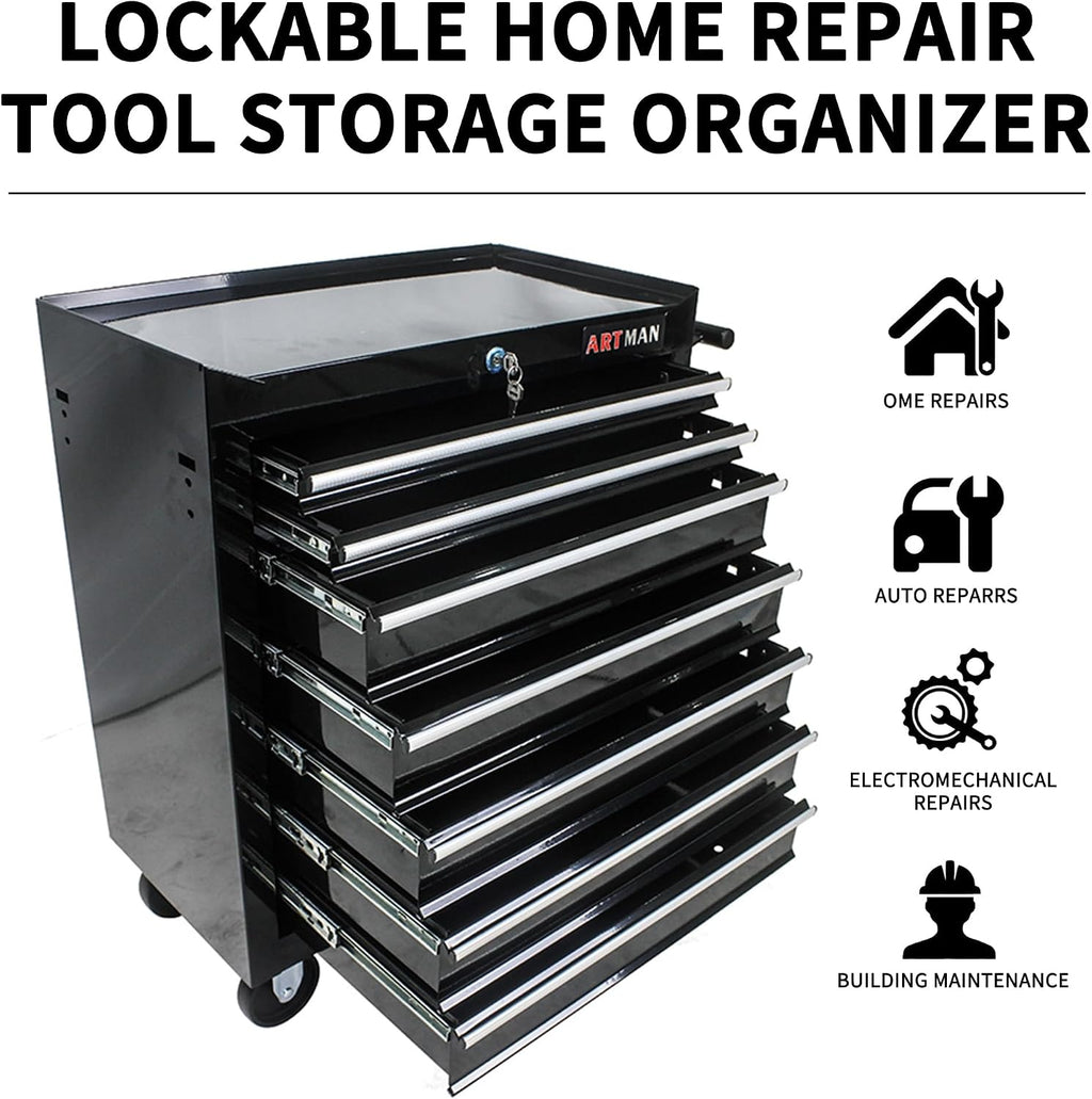 Tool Cart on Wheels 24.2in，7 Drawers Rolling Tool Box，Locked Drawers Storage Organizer Cabinet for Garage, Warehouse, Repair Shop, Workshop