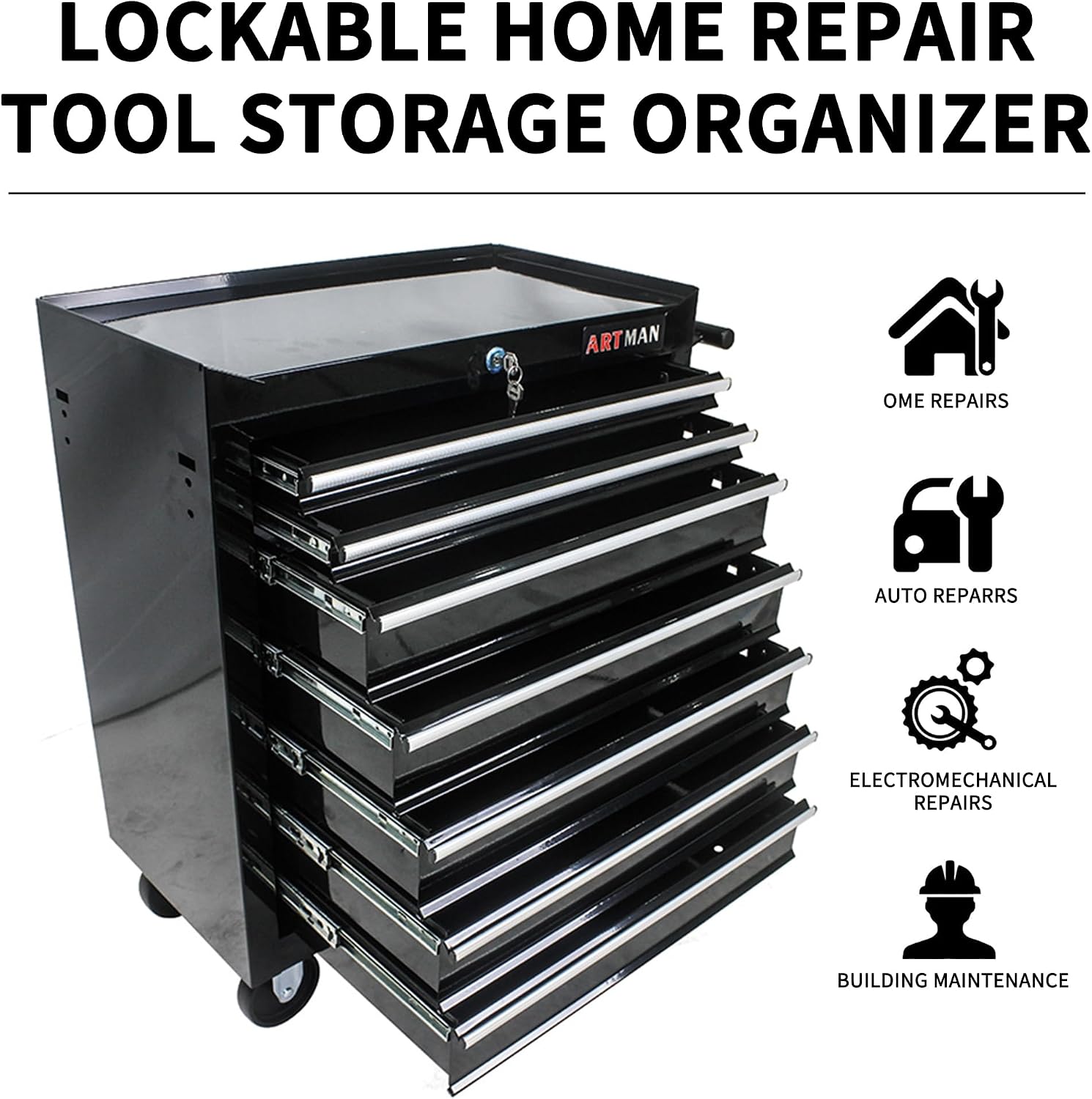 Tool Cart on Wheels 24.2in，7 Drawers Rolling Tool Box，Locked Drawers Storage Organizer Cabinet for Garage, Warehouse, Repair Shop, Workshop