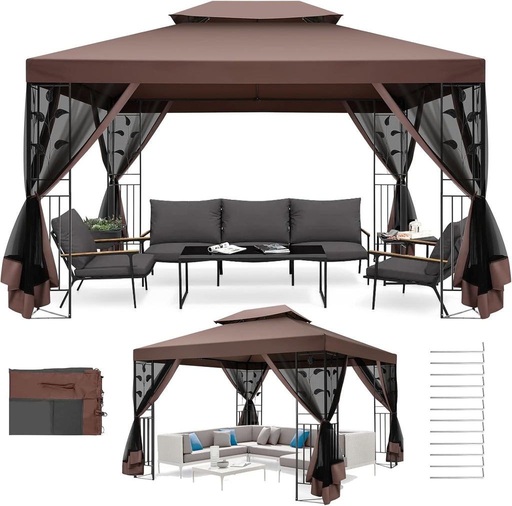 COBIZI Gazebo 10x13 Heavy Duty Gazebos with Improved Nettings Outdoor Gazebo Double Roof Patio Gazebos with Metal Steel Frame Outdoor Canopy for Patio, Deck, Backyard (Brown)