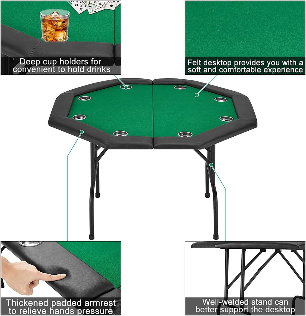 ECOTOUGE Poker Table Foldable, Casino Leisure Texas Holdem Game Table w/Metal Legs & Stainless Steel Cup Holders, 8 Players Octagon GamingTable for Blackjack, Club, Family Games, Green