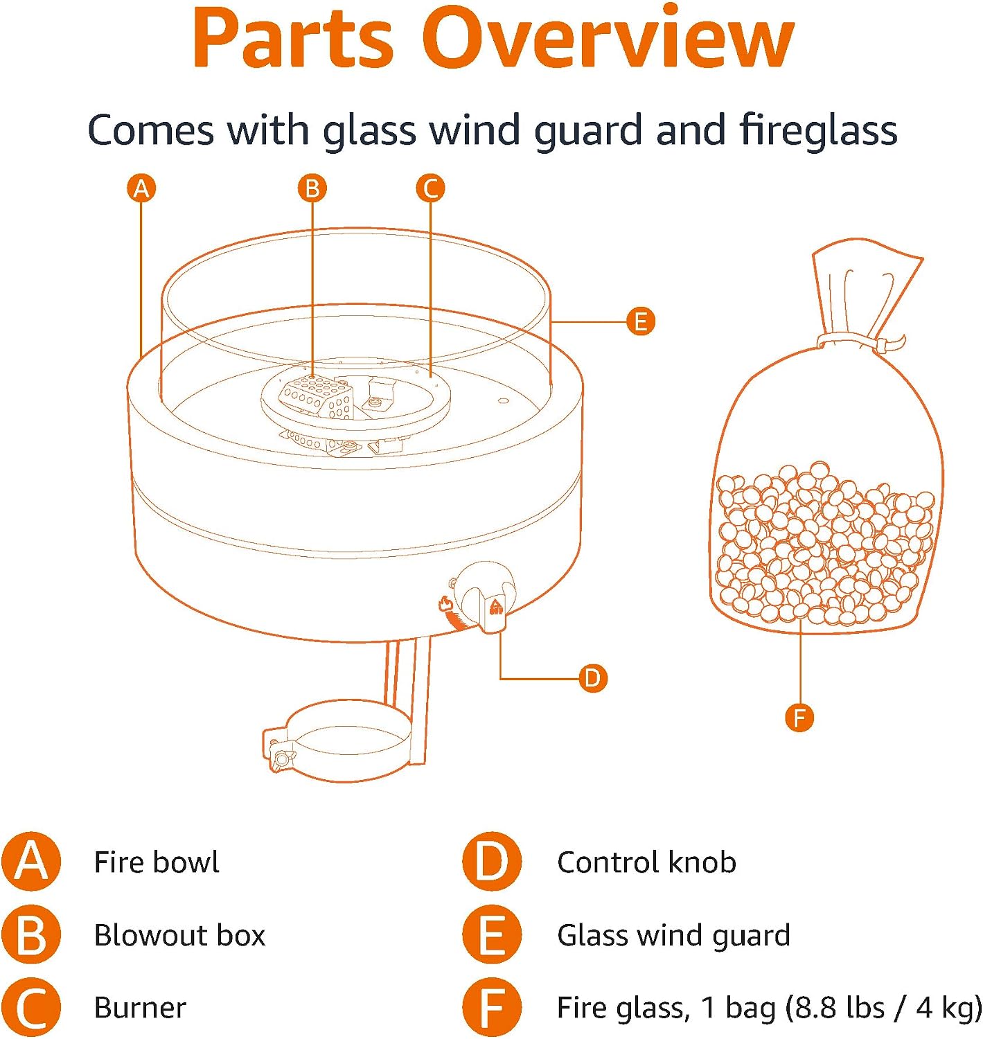 Amazon Basics 14-Inch Round Propane Fire Pit, 9000 BTU Portable Tabletop Fireplace with Glass Stones, Umbrella Hole Compatible for Outdoor Patio Tables, Gas Fire Pit for Dining, Brown