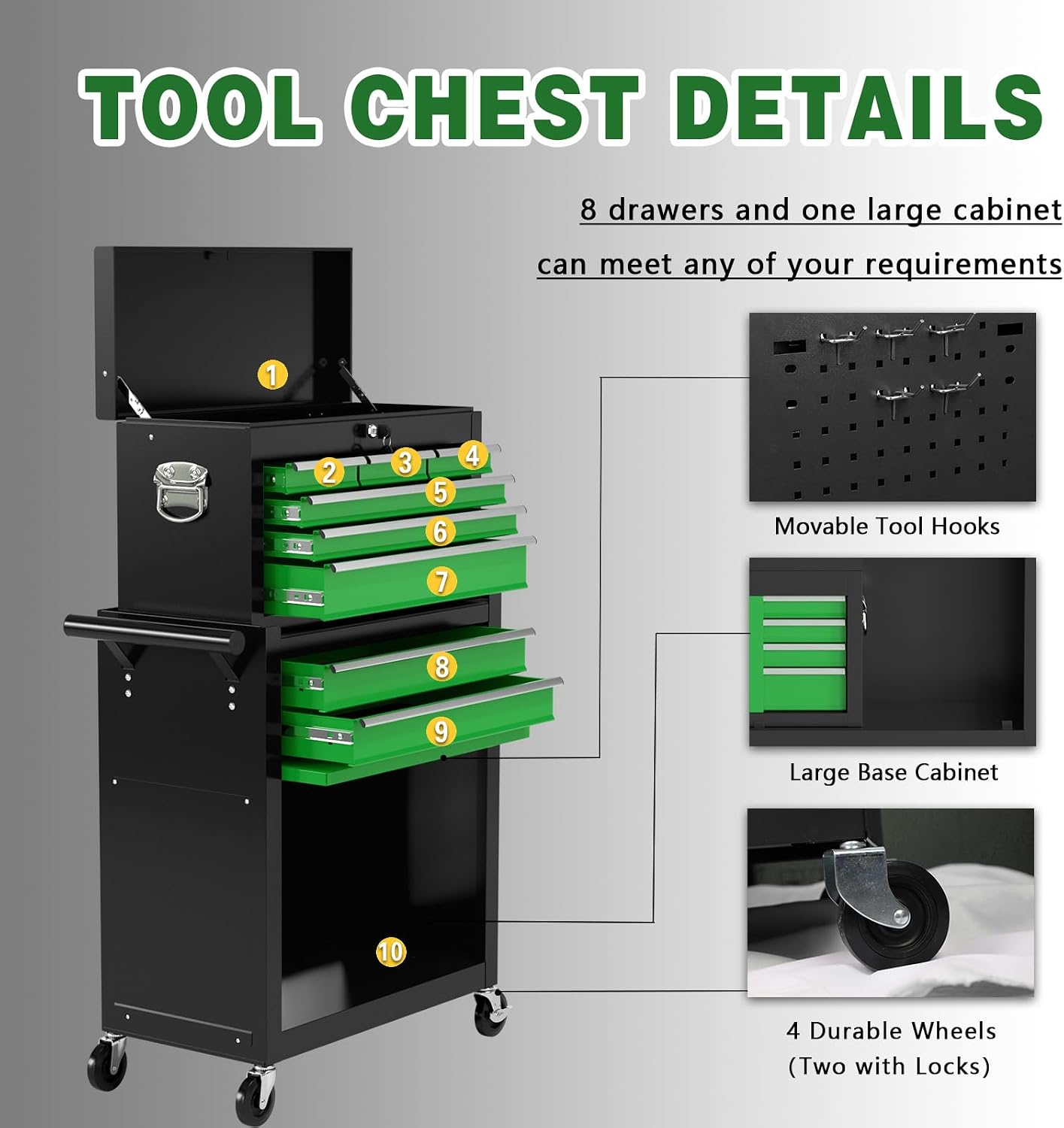8-Drawer Rolling Tool Chest, High Capacity Removable Tool Storage Cabinet, Detachable Toolbox with Lock for Garage Warehouse and Workshop (Blackgreen)