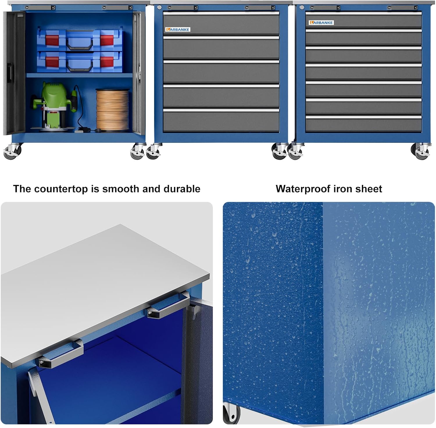 LARBANKE Tool Chest with Wheels and 4 Pad Feet,Tool Chest with 2 Doors and Adjustable Shelves,Lockable Steel Chest for Garage,Home and Office,can be Combined to Large Cabinet Set