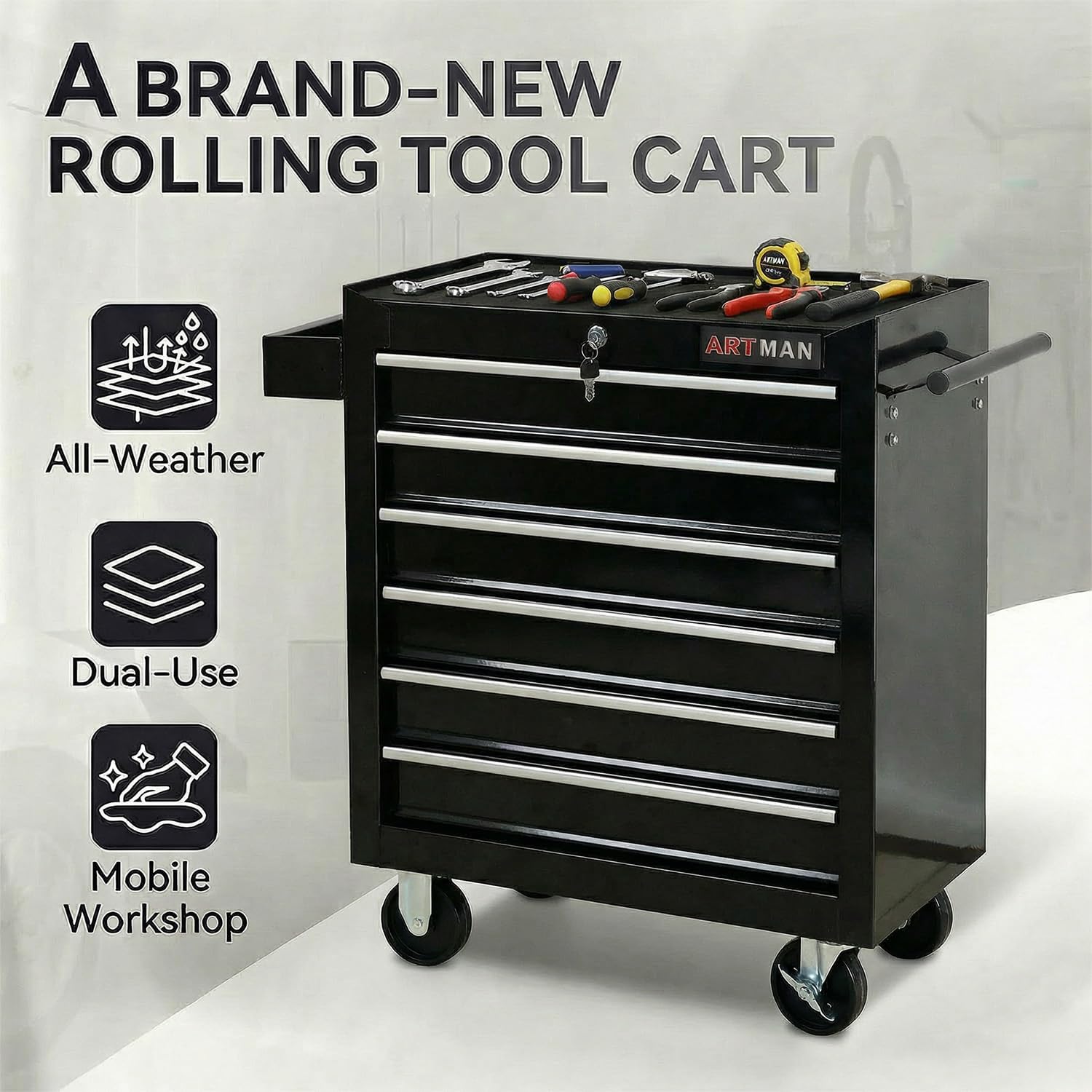 6 Drawers Tool Cart on Wheels,Multifunctional Rolling Tool Chest Tool Storage,Drawers Rolling Tool Trolley Organizer Tool Case for Garage,Warehouse,Workshop,Repair Shop (6 Drawers-Black)