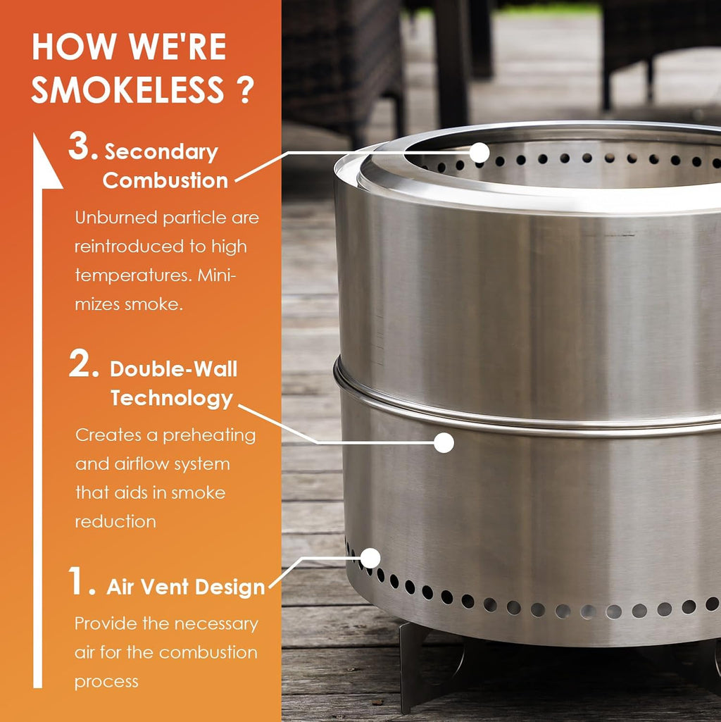 GREENVINES Smokeless-Firepit | 19-Inch | Stainless-Steel-Fire-Pit | Portable Outdoor Pits with Stand for Camping | Solo Wood Burning Bonfire | Low Smoke Stove | Bag & Sticks & Holders
