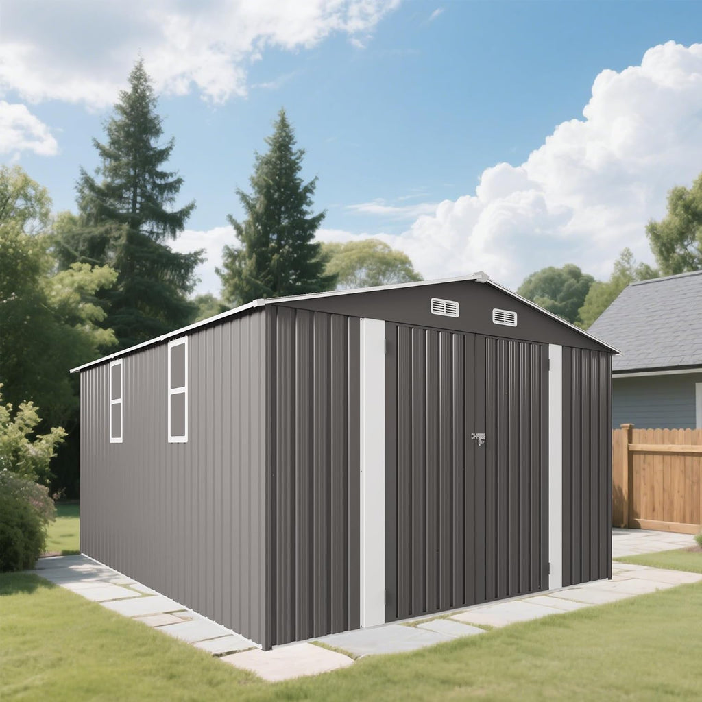10x12 FT Outdoor Metal Storage Shed, Large Garden Backyard Tool Shed with Lockable Door, Windows and Vents, Multi-Purpose Outside Bike Storage Sheds for Patio, Lawn, Poolside, Generator, Gray