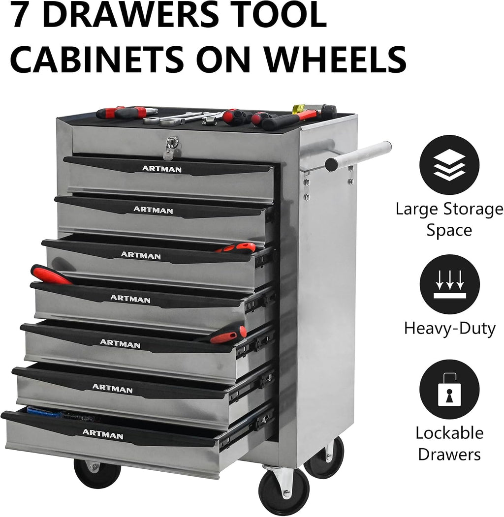 Rolling Tool Chest Cart with 7 Drawers,Storage Tool Cabinet on 4 Wheels. Lockable Tool Cart with Drawer Liners.Steel Tool Box Organizer for Garage,Repair Workshop-Silver