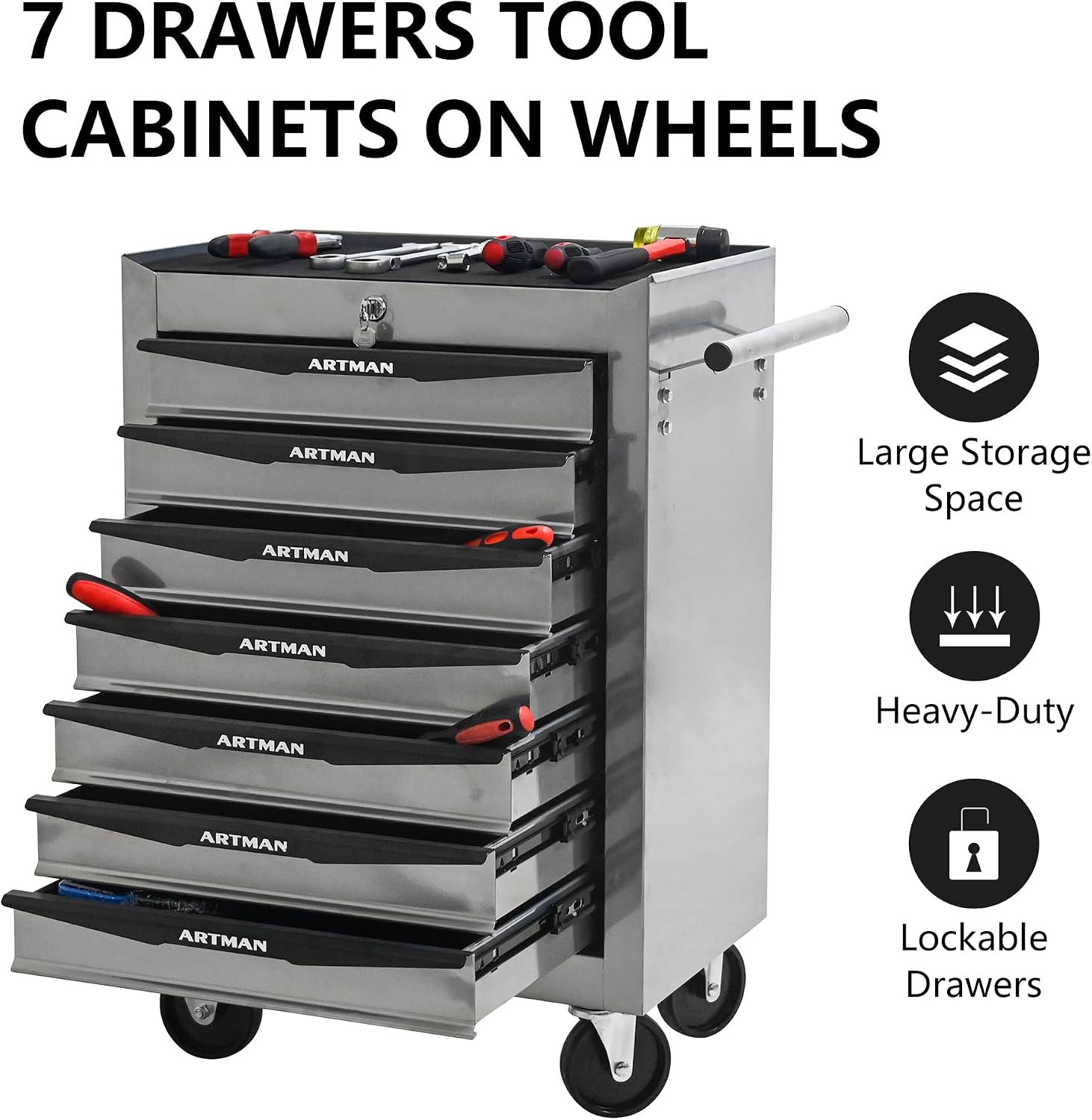 Rolling Tool Chest Cart with 7 Drawers,Storage Tool Cabinet on 4 Wheels. Lockable Tool Cart with Drawer Liners.Steel Tool Box Organizer for Garage,Repair Workshop-Silver