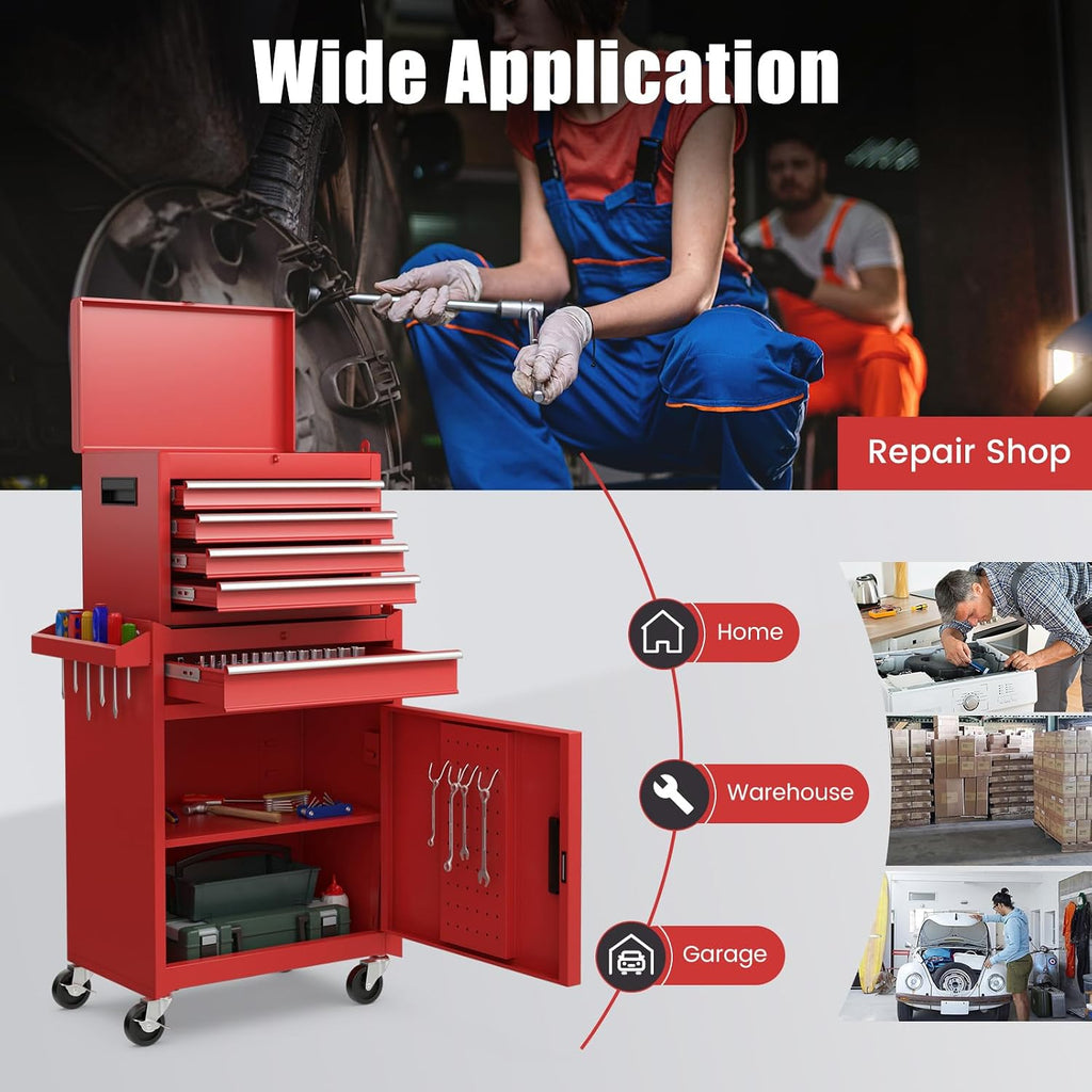 DORTALA Rolling Tool Chest Cabinet, Tool Box Organizer with 5 Sliding Drawers, Locking System, Toolbox Storage Cabinet on Wheels for Garage Workshop, Red