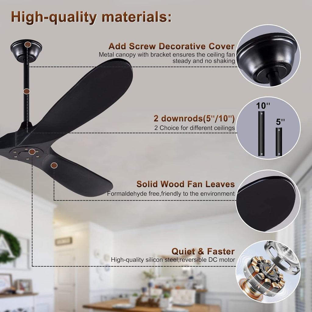 KBZZ 72 inch Modern Ceiling Fan, Wood Blades, Remote Control, Indoor Outdoor, Reversible DC Motor, 30 Decibels, 45W, 3 Speeds, 6 Timer Settings, for Living Room, Bedroom, Patio, Gazebo